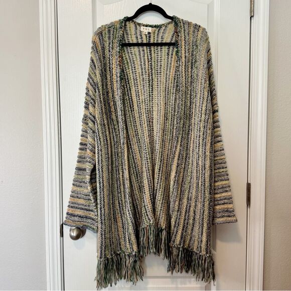 POL Women’s Boho Open Knit Long Line Fringe Trim Oversized Open Front Cardigan S - Picture 1 of 9